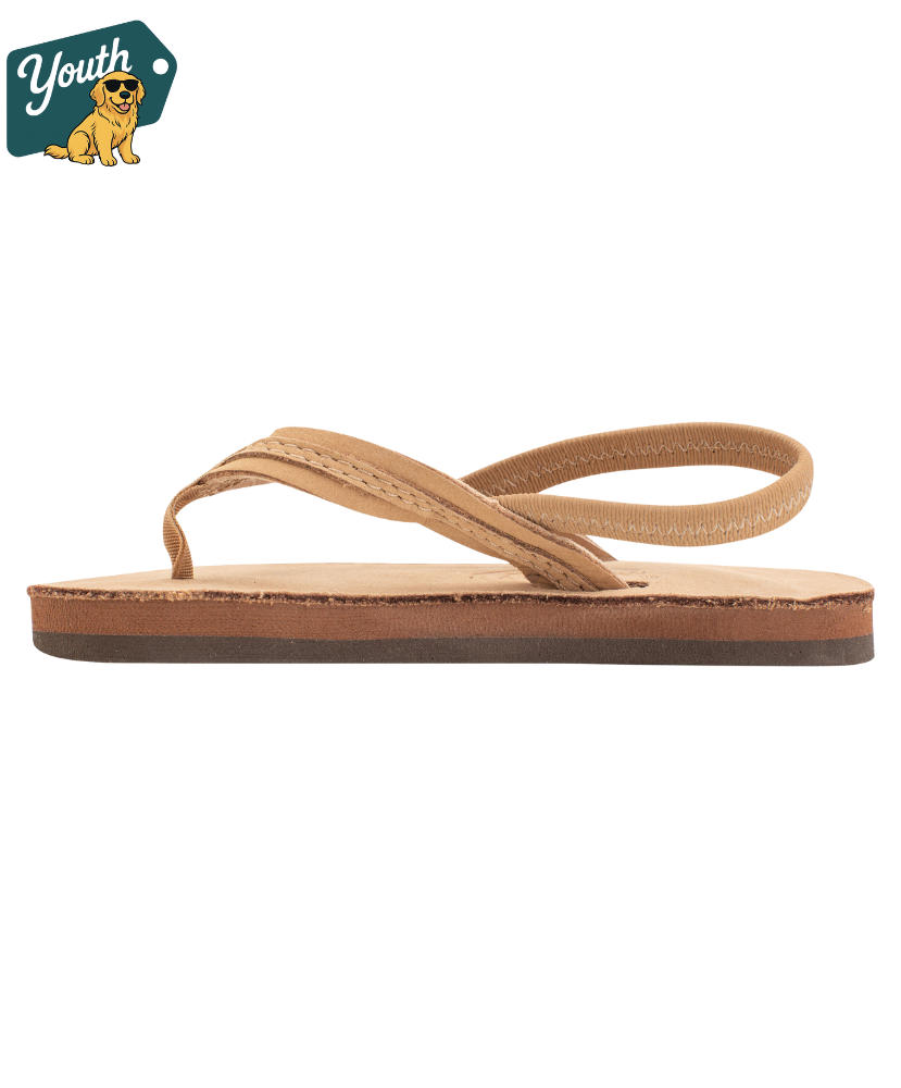 Kid's Rainbow Sandals tan leather sandal on a white background with 'Youth' logo in the corner.