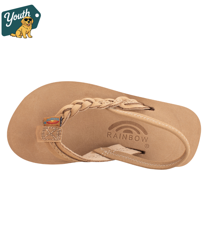 Kid's Rainbow Sandals tan leather sandal on a white background with 'Youth' logo in the corner.
