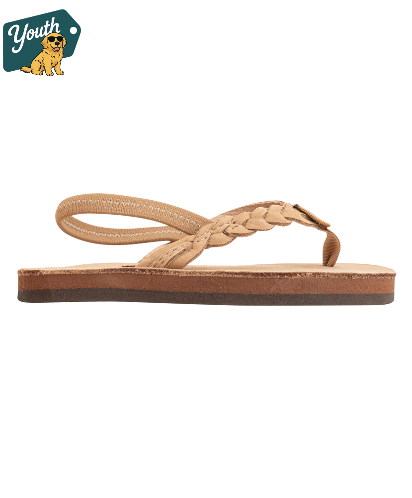 Kid's Rainbow Sandals tan leather sandal on a white background with 'Youth' logo in the corner.