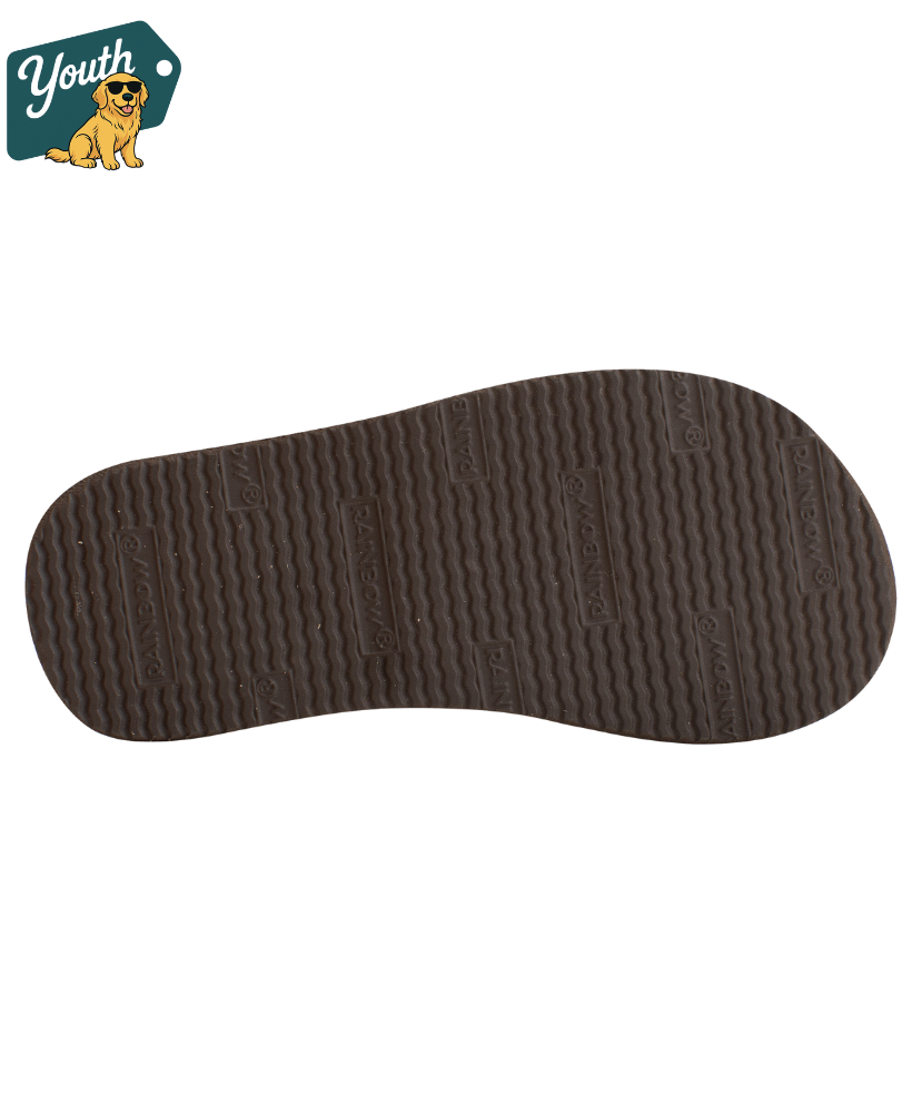 Kid's Rainbow Sandals tan leather sandal on a white background with 'Youth' logo in the corner.