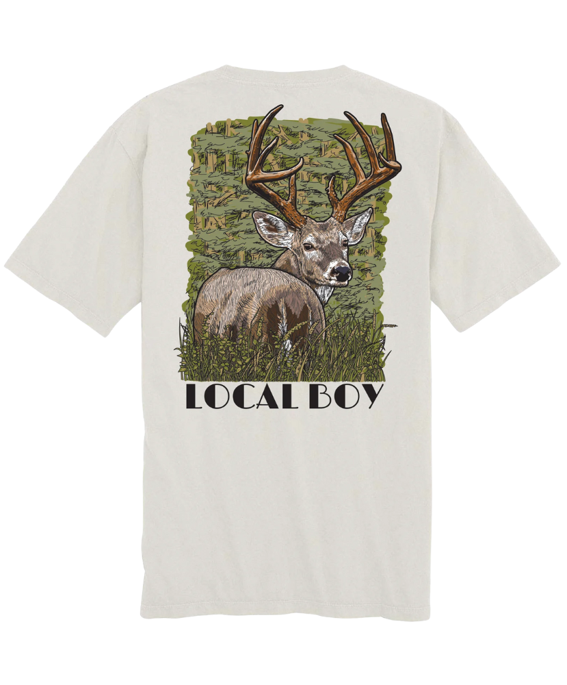 White t-shirt with a deer graphic and 'Local Boy' text on a white background