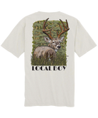 White t-shirt with a deer graphic and 'Local Boy' text on a white background