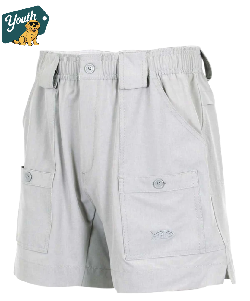 Light gray shorts with a small fish logo on a white background, featuring the 'Youth' brand logo in the corner.