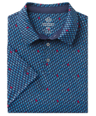 A folded short-sleeve button-up shirt with a blue, navy, and red geometric pattern, shown on a plain white background.