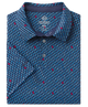 A folded short-sleeve button-up shirt with a blue, navy, and red geometric pattern, shown on a plain white background.