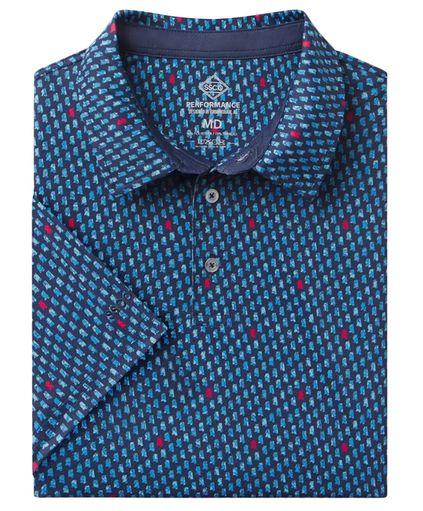 A folded short-sleeve button-up shirt with a blue, navy, and red geometric pattern, shown on a plain white background.