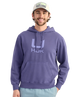 Man wearing a BLUE purple hoodie with a logo, standing against a white background