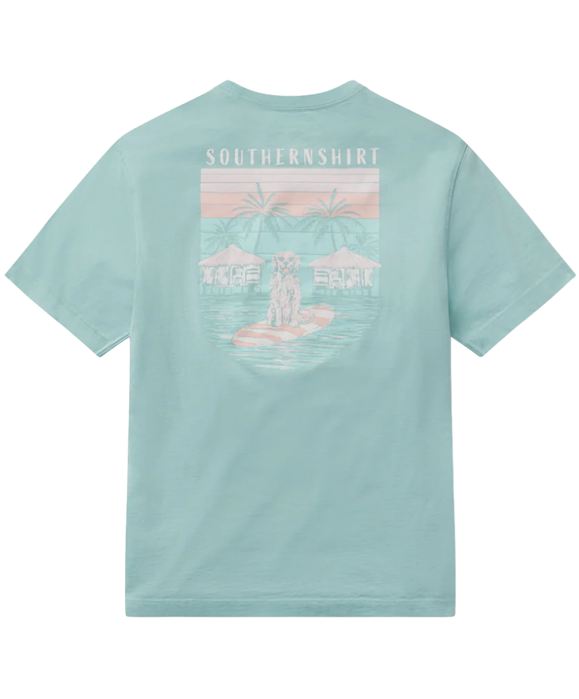 Light blue t-shirt with a graphic design OF a dog on a surfboard on the back on a white background