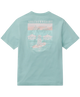 Light blue t-shirt with a graphic design OF a dog on a surfboard on the back on a white background
