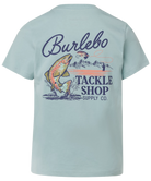 Light blue t-shirt with Burlebo Tackle Shop graphic on a white background
