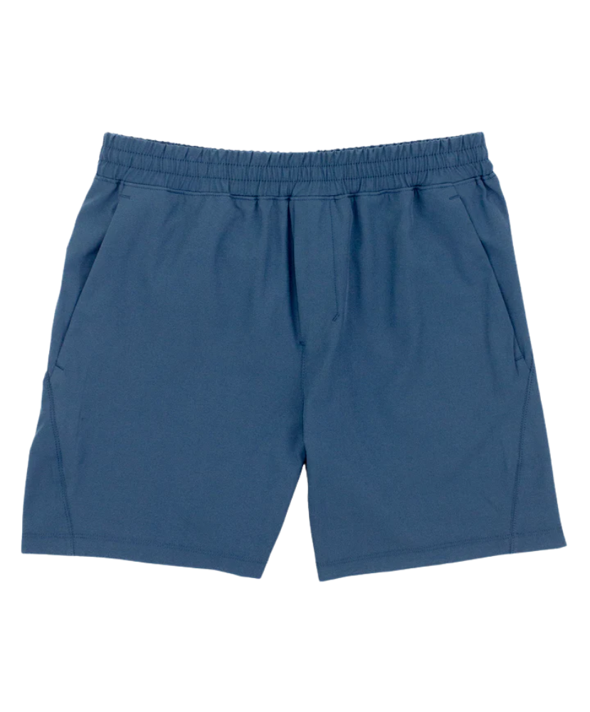 Blue performance shorts on a white background