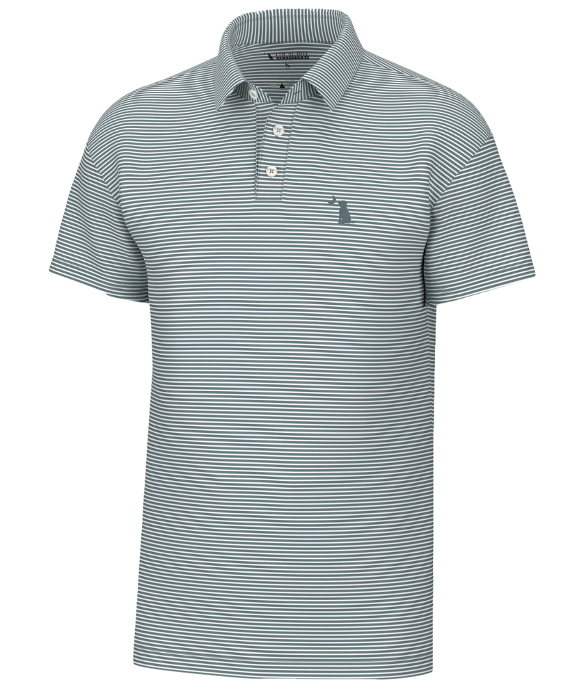 Striped polo shirt with a small logo on a white background