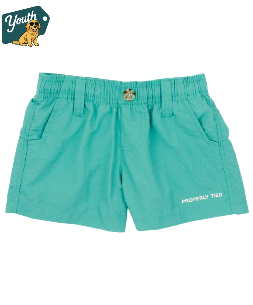 Turquoise shorts with 'Properly Tied' text on a white background