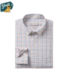 Youth folded Folded plaid shirt with a brand label on a white background