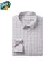 Youth folded Folded plaid shirt with a brand label on a white background