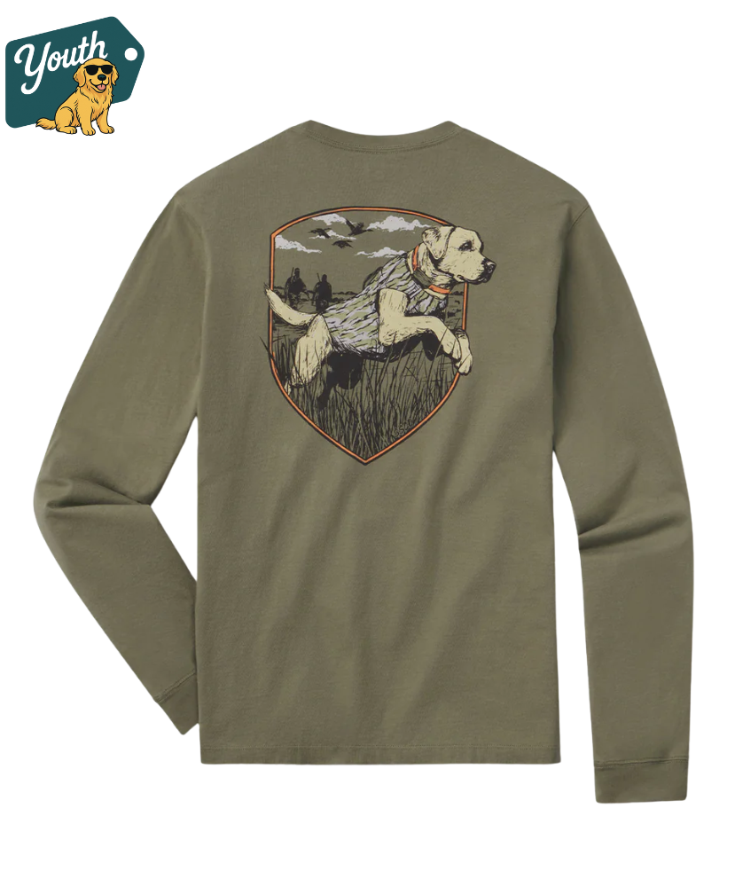 Green long-sleeve shirt with a hunting dog graphic on the back, featuring the 'Youth' brand logo.
