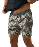 A person wearing camouflage athletic shorts and lifting a black shirt, shown from the chest to the upper thighs against a plain white background.