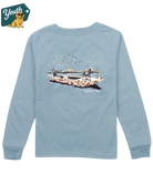 Light blue YOUTH long-sleeve shirt with a graphic of a boat and people on the back, on a white background.