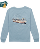 Light blue YOUTH long-sleeve shirt with a graphic of a boat and people on the back, on a white background.