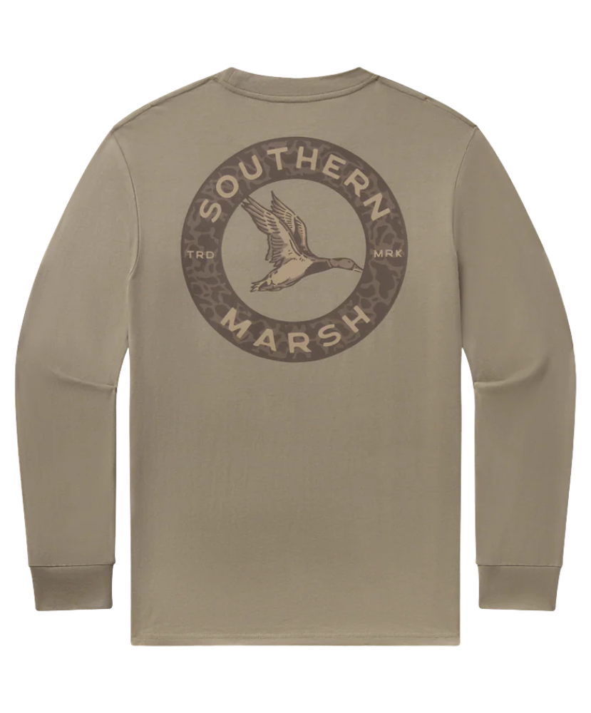 Olive long-sleeve shirt with Southern Marsh mallard logo on a white background