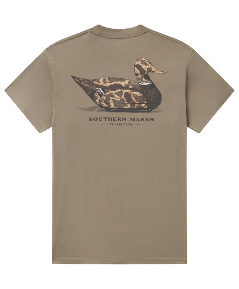 Olive t-shirt with camo duck decoy graphic and 'Southern Marsh' text on a white background