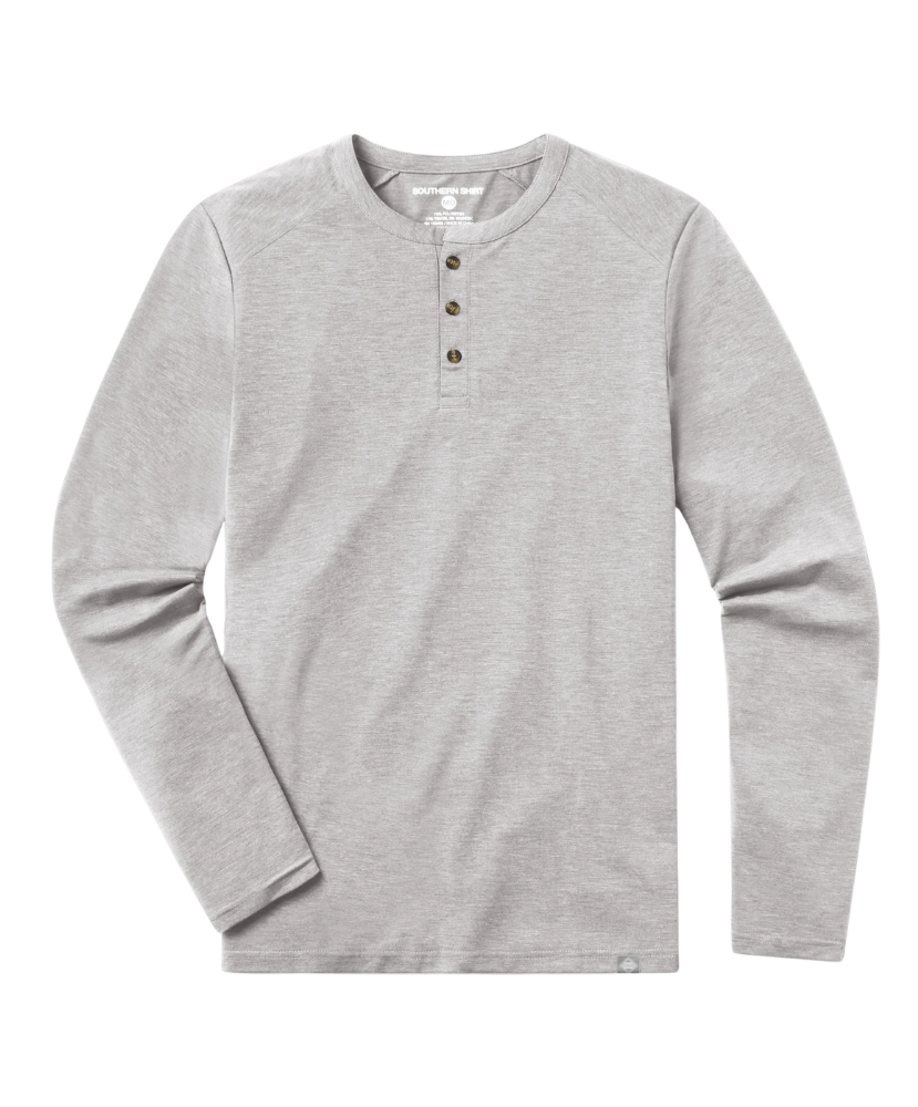 Gray long-sleeve henley shirt on a white background