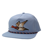 Light blue cap with a bird design and colorful band on a white background