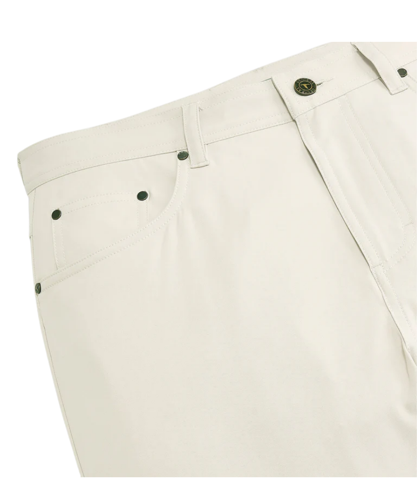 Stone GenTeal pants with green buttons on a white background