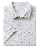 A folded short-sleeve collared shirt with a white base, gray geometric pattern, and small red rectangular accents. The brand name 'SSCO' is visible in red text on the folded sleeve cuff.