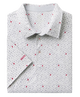 A folded short-sleeve collared shirt with a white base, gray geometric pattern, and small red rectangular accents. The brand name 'SSCO' is visible in red text on the folded sleeve cuff.