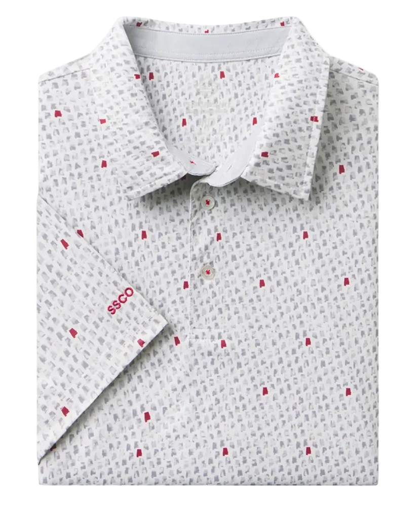 A folded short-sleeve collared shirt with a white base, gray geometric pattern, and small red rectangular accents. The brand name 'SSCO' is visible in red text on the folded sleeve cuff.