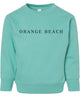 Teal sweatshirt with 'Orange Beach' text on a white background