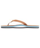 Flip-flop sandal with brown strap and blue sole on a white background