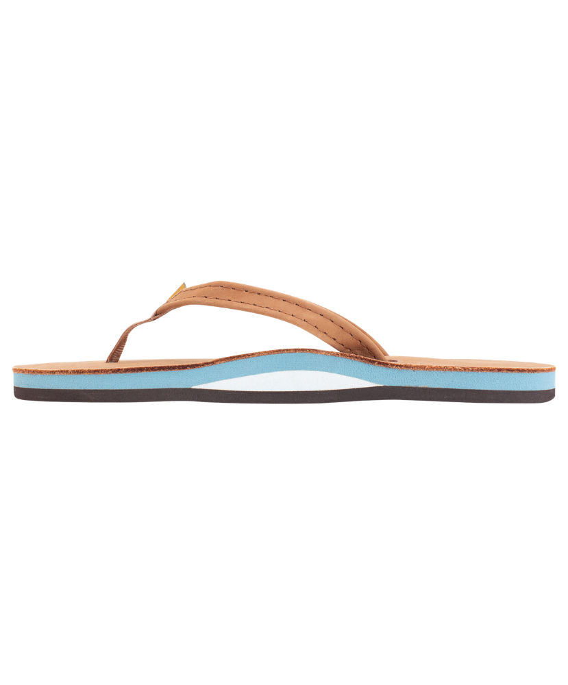 Flip-flop sandal with brown strap and blue sole on a white background