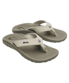 Pair of gray sandals with white straps on a white background