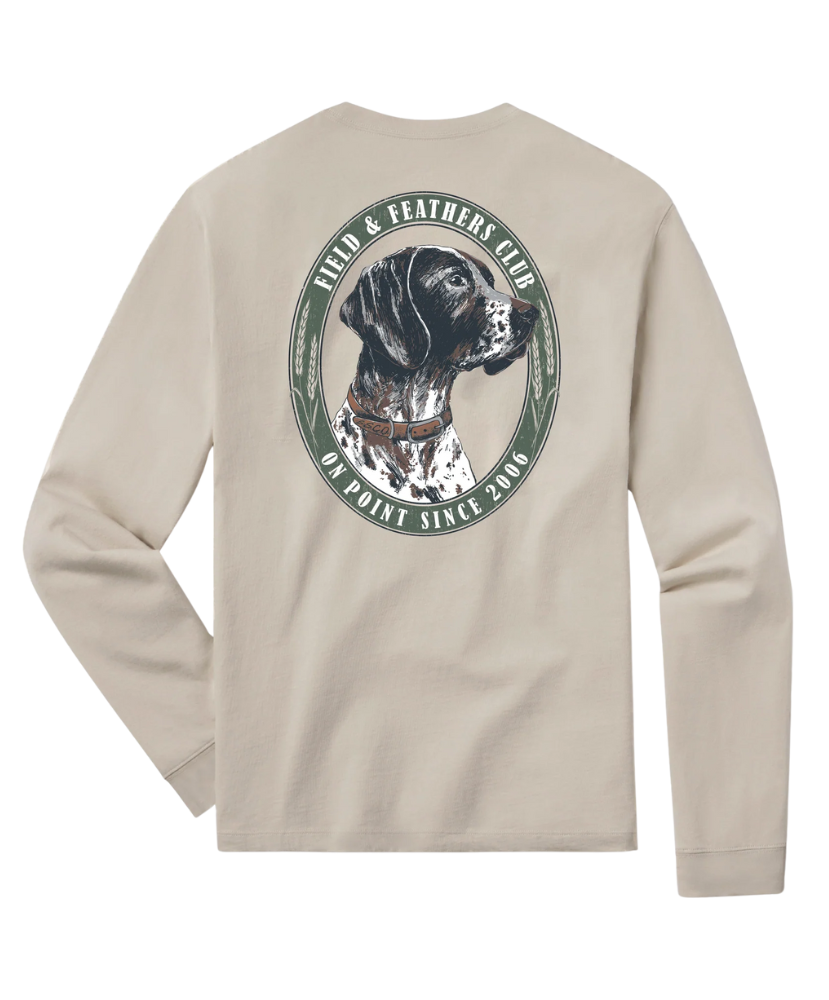 Beige long-sleeve shirt with a GSP dog graphic and text on the back, on a white background