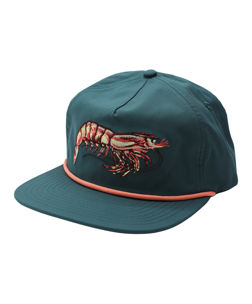 Teal LOCAL BOY cap with a shrimp design on a white background