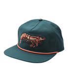 Teal LOCAL BOY cap with a shrimp design on a white background