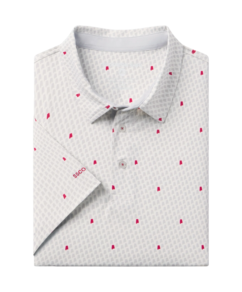White polo shirt with red Alabama state outline pattern and 'SSCO' logo on a white background