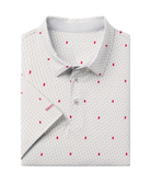 White polo shirt with red Alabama state outline pattern and 'SSCO' logo on a white background