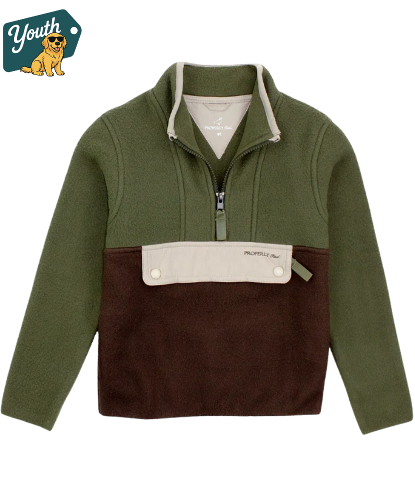 Green and brown boys pullover made by Properly Tied with a subtle brand logo on a white background