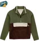 Green and brown boys pullover made by Properly Tied with a subtle brand logo on a white background