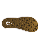 Brown shoe sole with a white logo on a white background