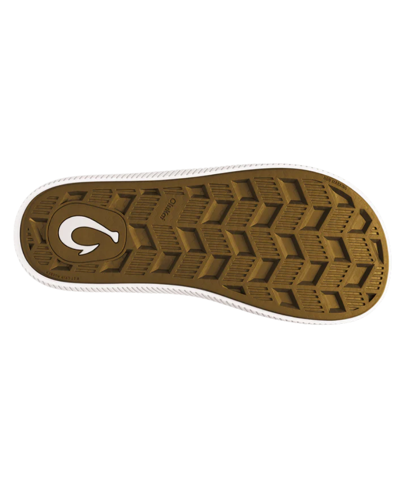 Brown shoe sole with a white logo on a white background