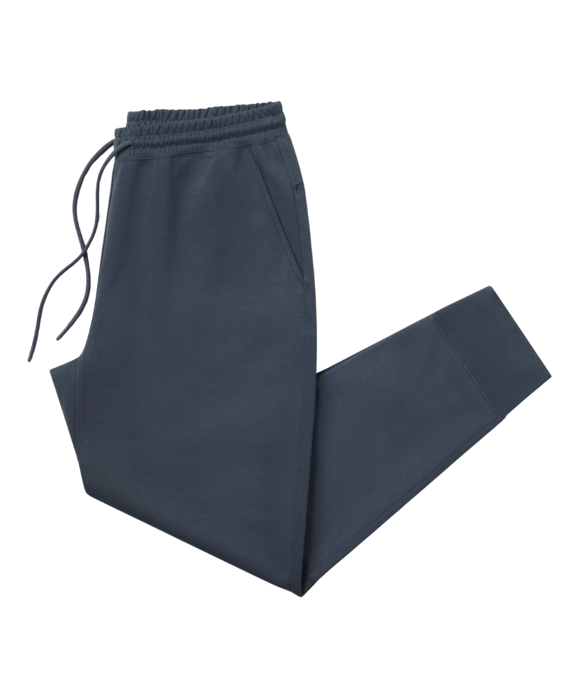 Dark blue jogger pants with drawstring on a white background