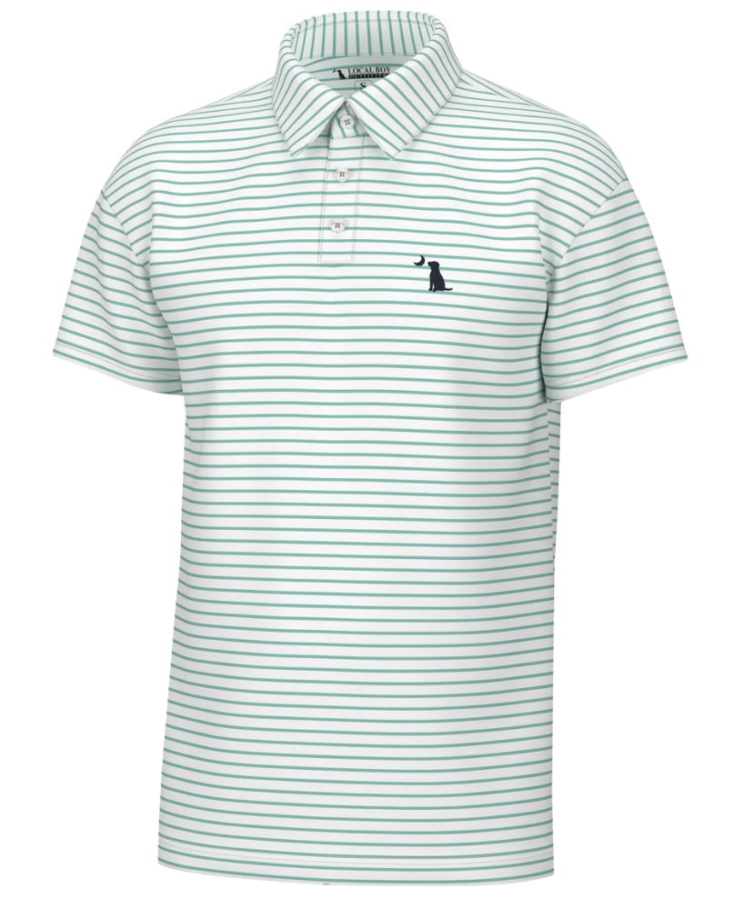 Green and white striped Local boy edisto polo shirt with a small logo on a white background