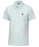 Green and white striped Local boy edisto polo shirt with a small logo on a white background