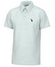 Green and white striped Local boy edisto polo shirt with a small logo on a white background