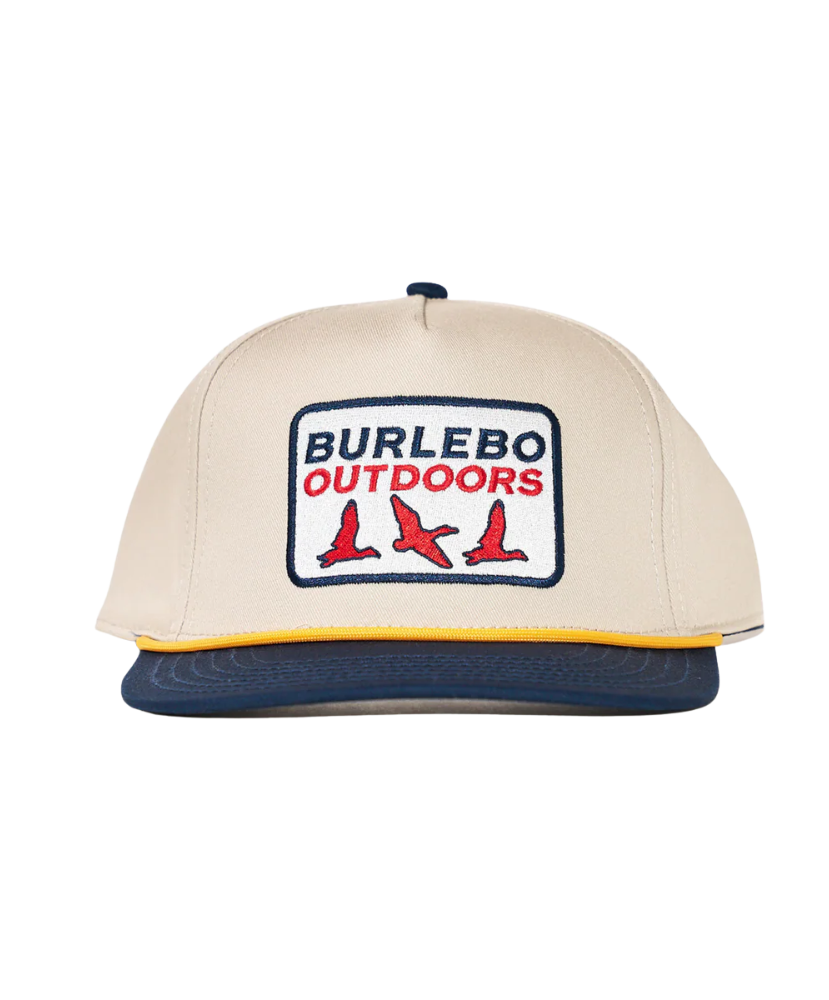 Beige cap with Burlebo Outdoors logo on a white background