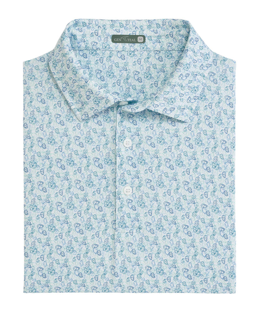 Light blue OYSTER patterned shirt on a white background